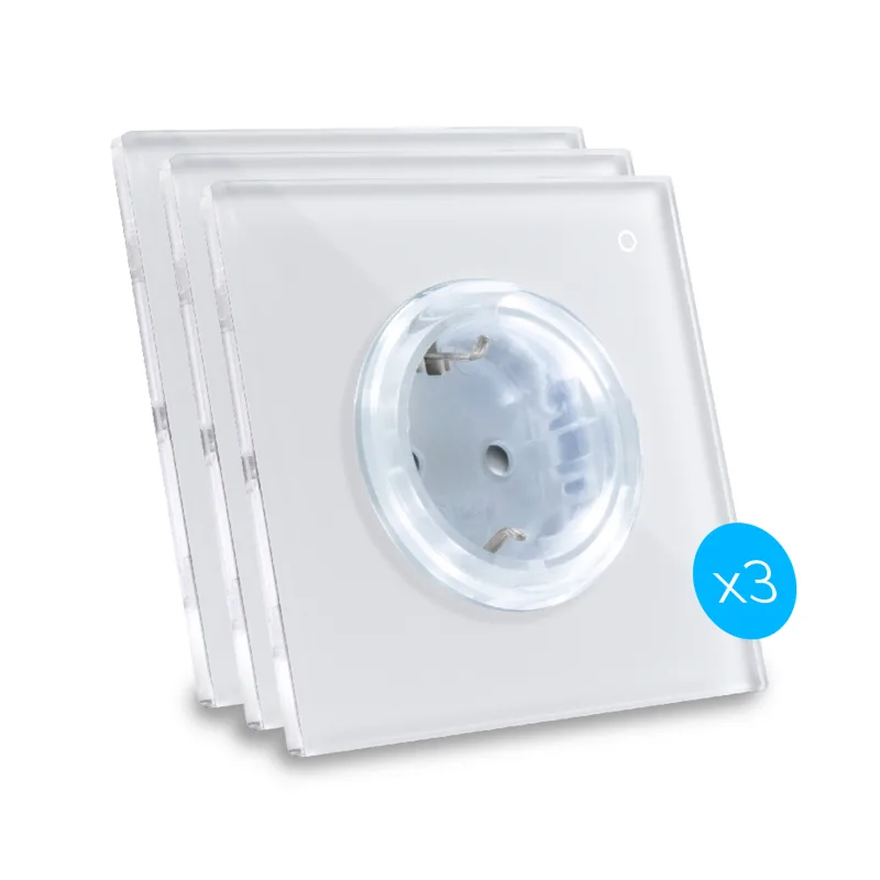 Kit de 3 enchufes de diseño, conectados por wi-fi iotty ode plus con placa táctil retroiluminada de vidrio templado, negro, tipo f, blanco nieve