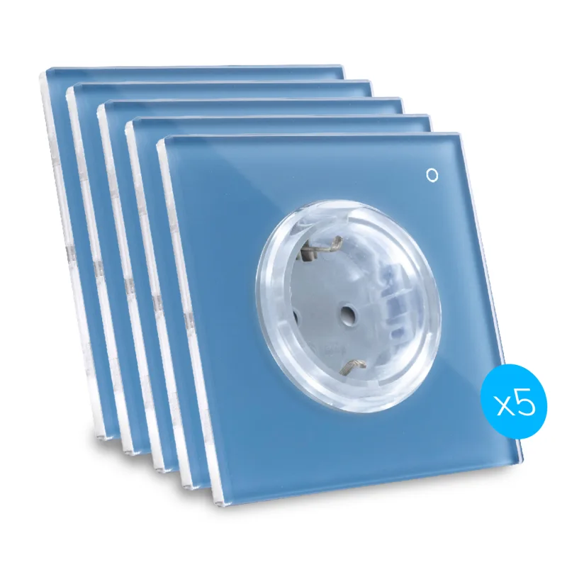 Kit de 5 enchufes de diseño, conectados por wi-fi iotty ode plus con placa táctil retroiluminada de vidrio templado, negro, tipo f, azul laguna