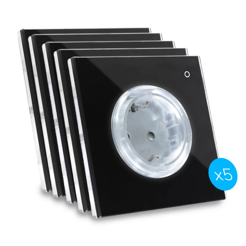 Kit de 5 enchufes de diseño, conectados por wi-fi iotty ode plus con placa táctil retroiluminada de vidrio templado, negro, tipo f, negro intenso