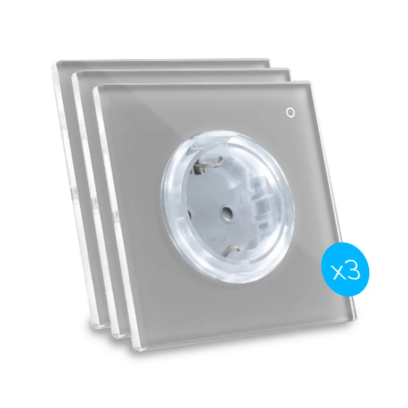 Kit de 3 enchufes de diseño, conectados por wi-fi iotty ode plus con placa táctil retroiluminada de vidrio templado, negro, tipo f, gris luz