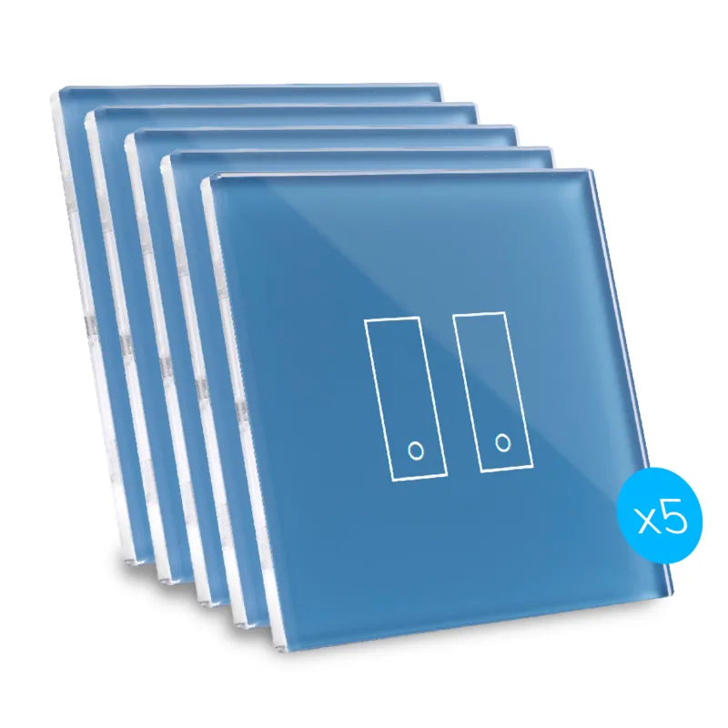 Kit de 5 interruptores de diseño, conectados por wi-fi iotty e2 plus para luces y portones con placa táctil retroiluminada de vidrio templado, azul