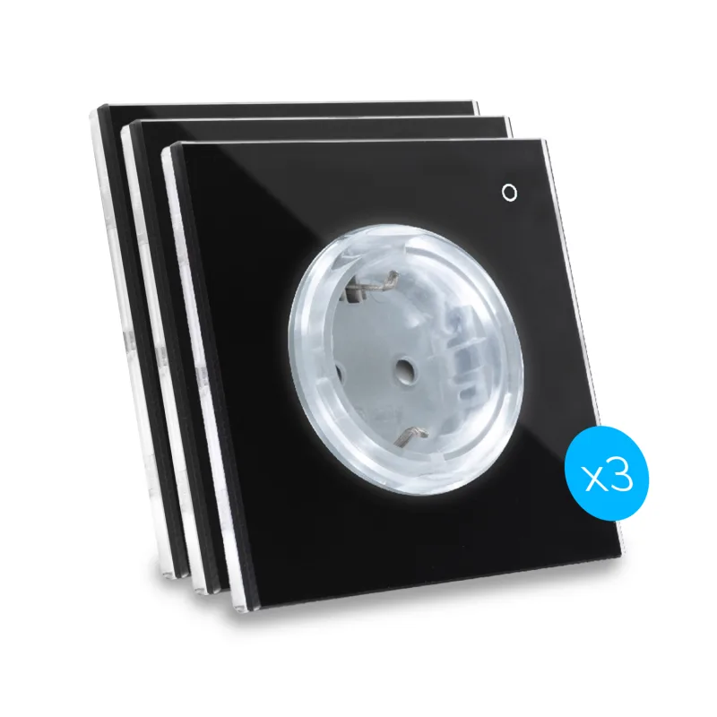 Kit de 3 enchufes de diseño, conectados por wi-fi iotty ode plus con placa táctil retroiluminada de vidrio templado, negro, tipo f, negro intenso