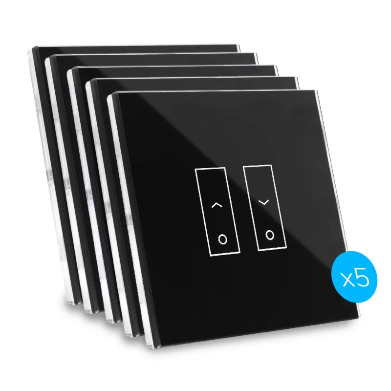 Kit de 5 interruptores de diseño conectados por wi-fi iotty e2s plus para toldos y persianas con placa táctil retroiluminada de vidrio templado negro