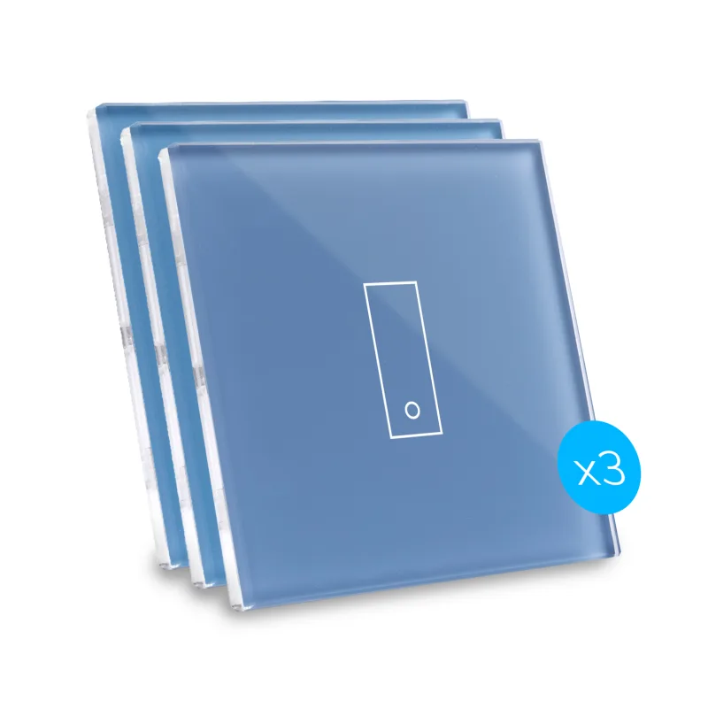 Kit de 3 interruptores de diseño, conectados por wi-fi iotty e1 plus para luces y portones con placa táctil retroiluminada de vidrio templado, azul