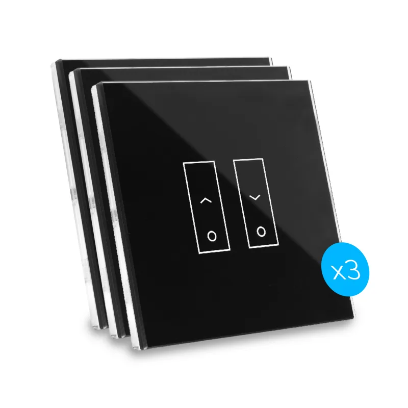 Kit de 3 interruptores de diseño conectados por wi-fi iotty e2s plus para toldos y persianas con placa táctil retroiluminada de vidrio templado negro