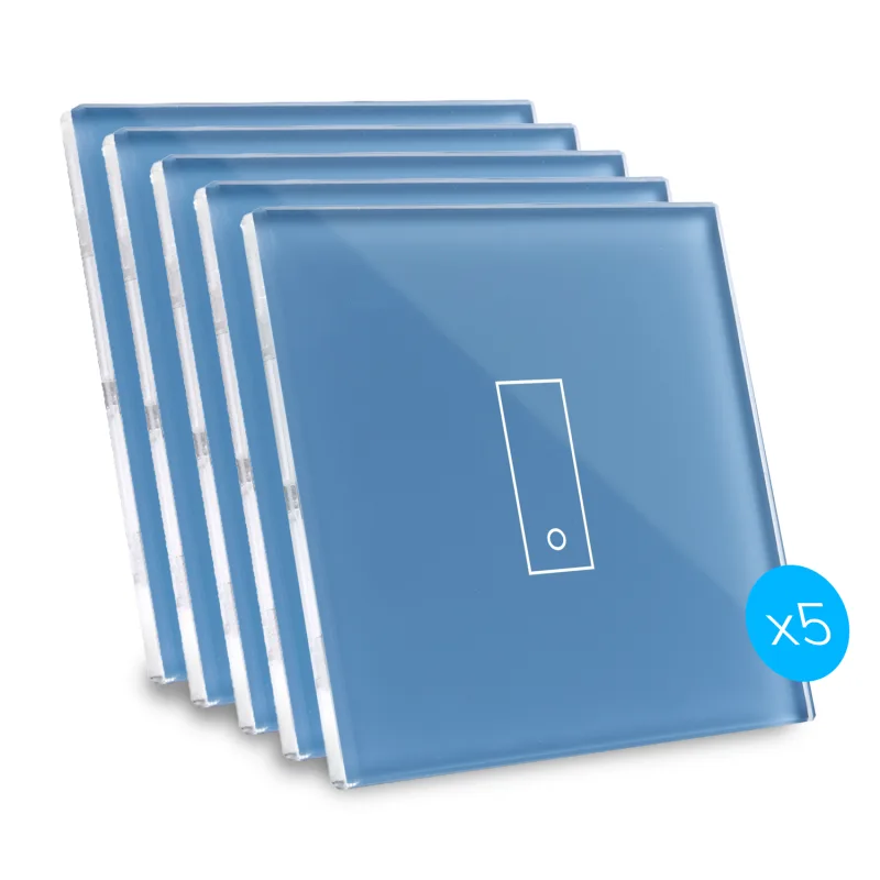 Kit de 5 interruptores de diseño, conectados por wi-fi iotty e1 plus para luces y portones con placa táctil retroiluminada de vidrio templado, azul
