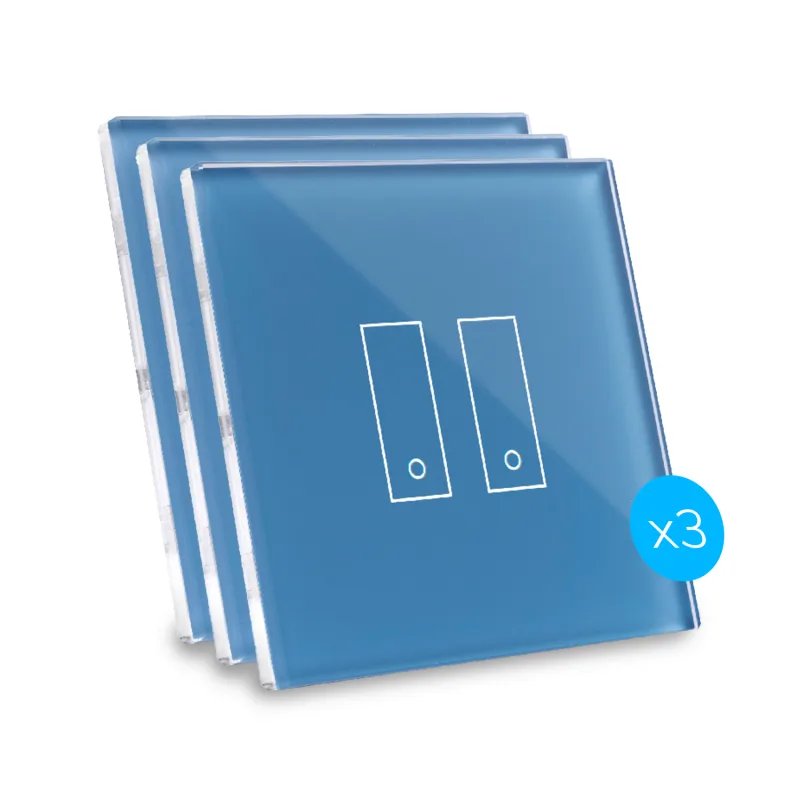 Kit de 3 interruptores de diseño, conectados por wi-fi iotty e2 plus para luces y portones con placa táctil retroiluminada de vidrio templado, azul