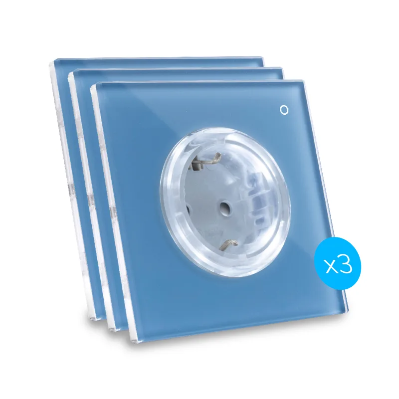 Kit de 3 enchufes de diseño, conectados por wi-fi iotty ode plus con placa táctil retroiluminada de vidrio templado, negro, tipo f, azul laguna