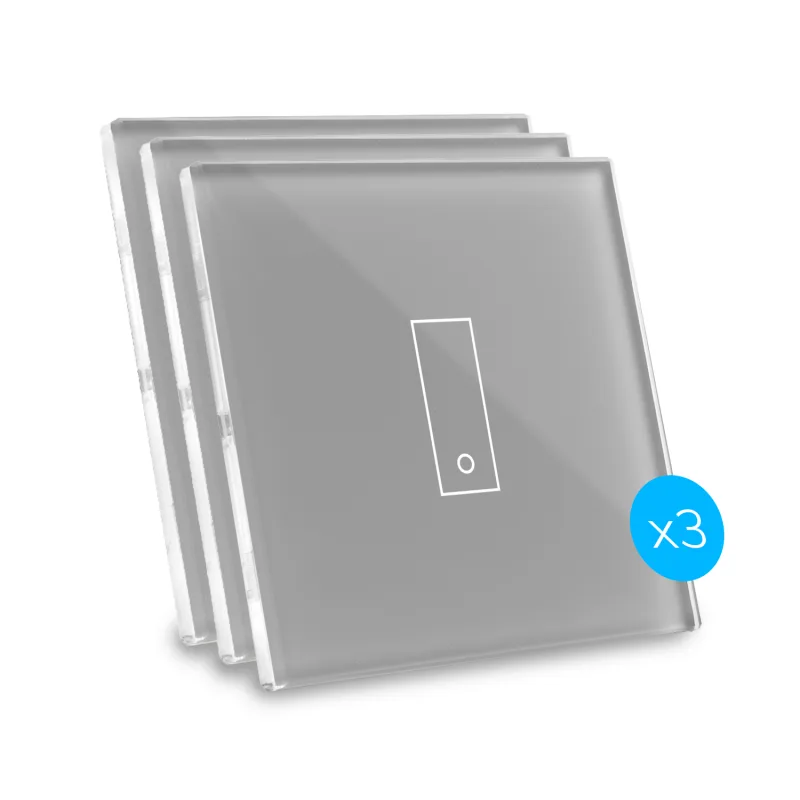 Kit de 3 interruptores de diseño, conectados por wi-fi iotty e1 plus para luces y portones con placa táctil retroiluminada de vidrio templado, gris
