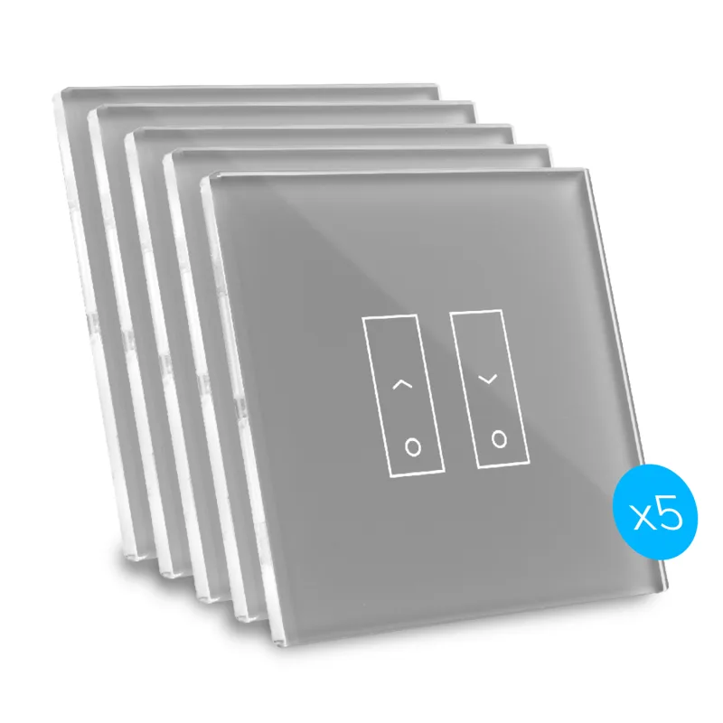 Kit de 5 interruptores de diseño, conectados por wi-fi iotty e2s plus para toldos y persianas con placa táctil retroiluminada de vidrio templado, gris