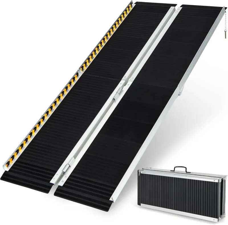 Rampa de aluminio para silla de ruedas, rampa portátil con placa de transición, superficie antideslizante y adhesivo reflectante de advertencia,