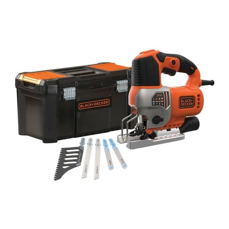 Sierra de calar pendular con cable 650 vatios - black+decker - 5 accesorios + caja de herramientas - bes610ka5-qs