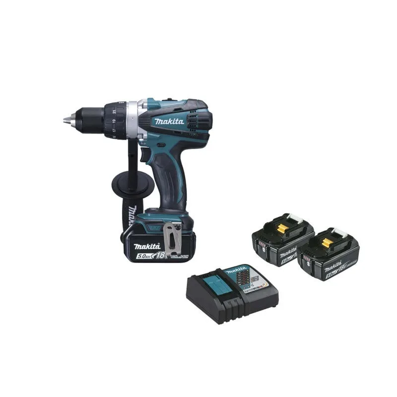 Taladro/atornillador 18 v li-ion 5 ah ø 13 mm makita - 3 baterías, cargador, maletín - ddf458rt3j