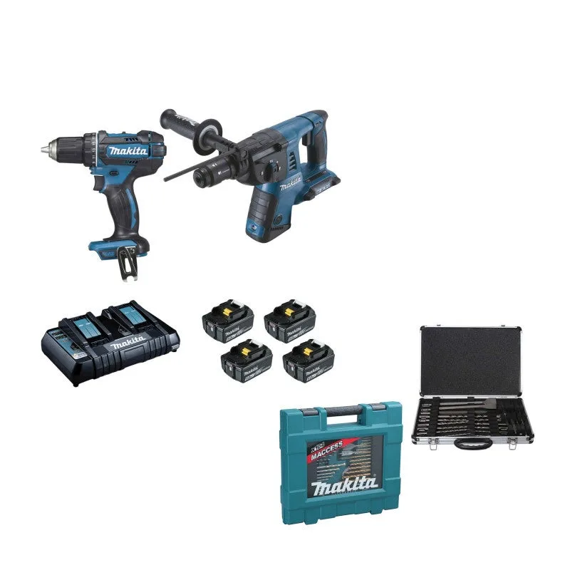Juego de 2 máquinas makita taladro dhr264 + taladro ddf456 + 4 baterías 18v 4.0ah - dlx2138ptj