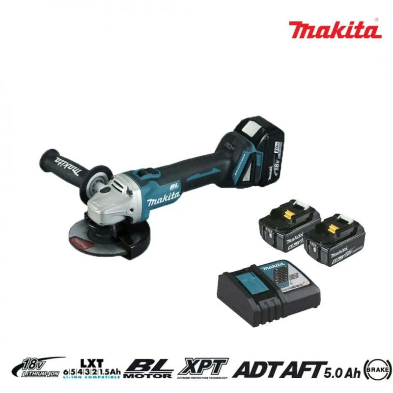 Makita dga 506 rtj meuleuse d'angle sans fil 18 v, 125 mm, sans balai + 2x batteries 5,0 ah + chargeur + makpac