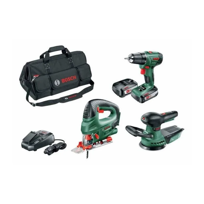 Pack 3 outils 18v sans fil bosch perceuse-visseuse psr 1800 li-2 2 batteries 2,5ah + scie sauteuse pst + ponceuse excentrique