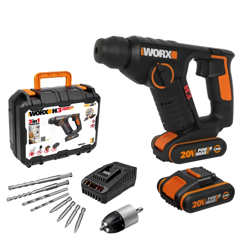 Martillo perforador a batería worx wx394.6 sds+ h3 de 1,5j 2 baterías 20v/2ah