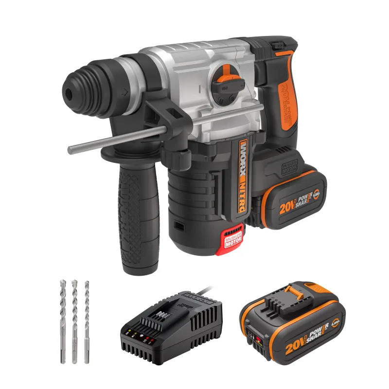 Worx martillo perforador sds+ brushless de 20v y 2,2j 2 baterías 4ah wx380