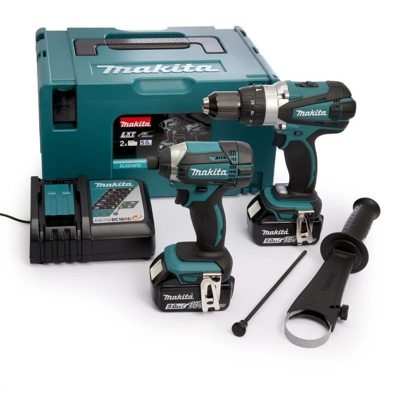Makita dlx 2145 tj twin pack perceuse à percussion sans fil 18 v + boulonneuse à chocs sans fil + 2x batteries 5.0ah + chargeur + makpac