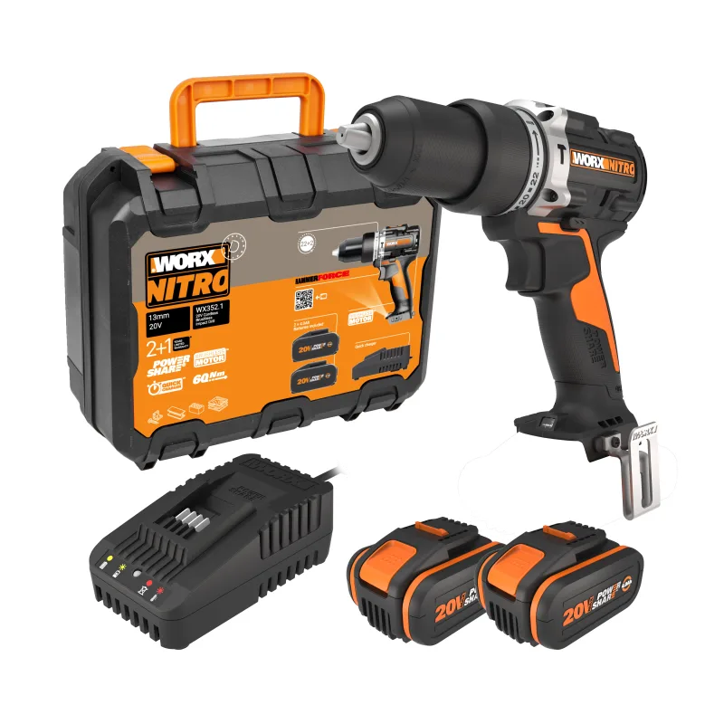 Taladro percutor a batería worx 20v brushless - 2 baterias - maletín