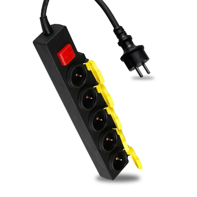 Regleta con cable 3m 5 tomas schuko con tapa e interruptor de luz color negro amarillo ip44
