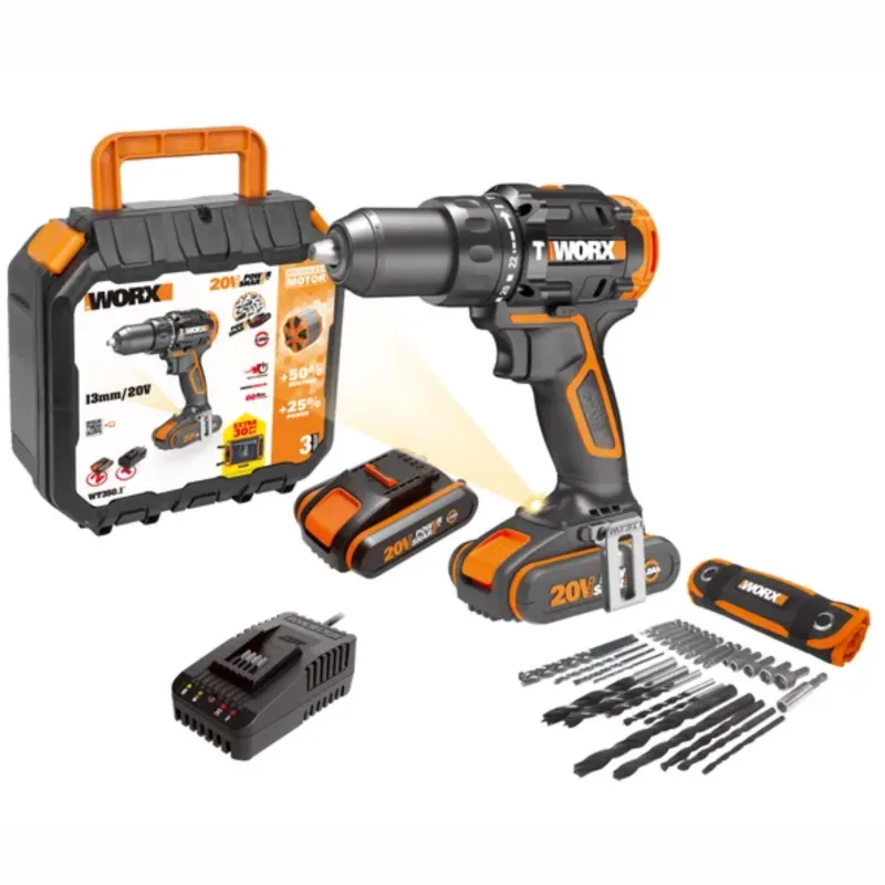 Taladro percutor a batería worx 20v brushless :2 baterías de 20v / 2,0 ah - cargador rápido 1 hora, 1 punta de atornillar doble, 1 estuche de 30pzs de brocas y puntas, 1 clip de sujeción cinturón, maletín de transporte