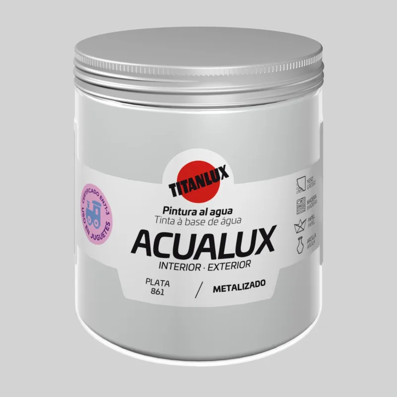 Pintura decorativa efecto liso acualux titanlux color plata 250ml acabado terciopelo