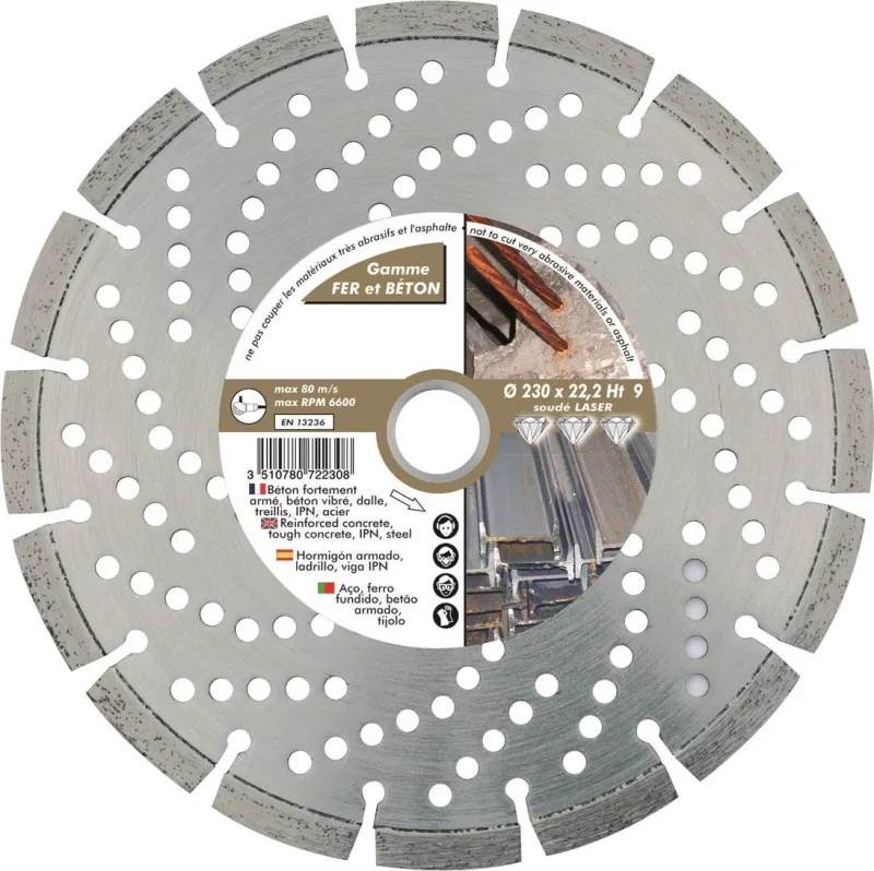 Disque diamant segmenté - d. 230 x al. 22.23 x ht. 10 x ép. 2.5 mm - béton armé, acier - leman - 55230