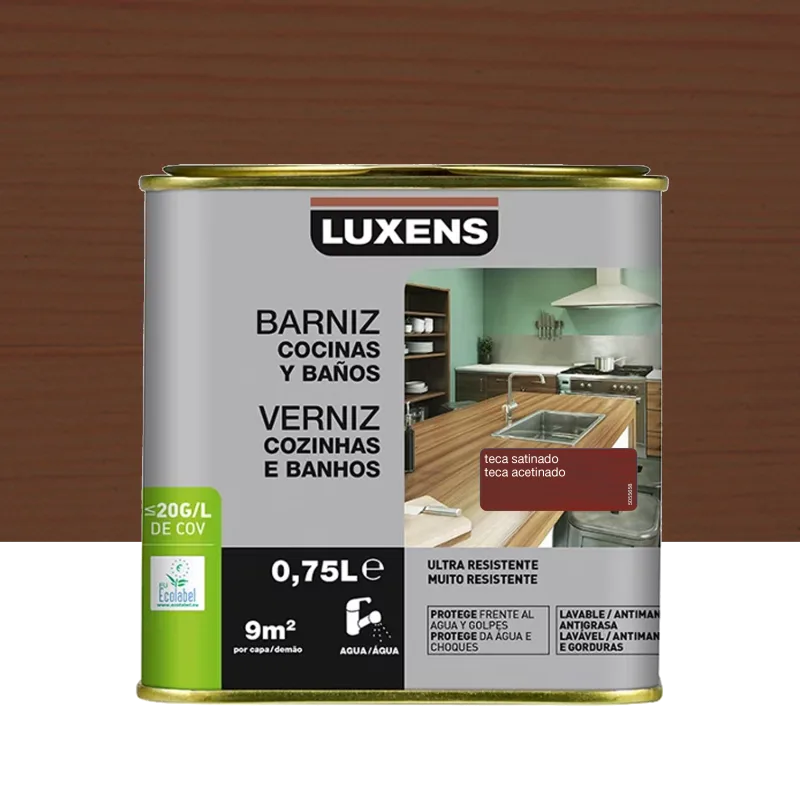 Barniz al agua para cocinas y baños satinado luxens 750ml teca