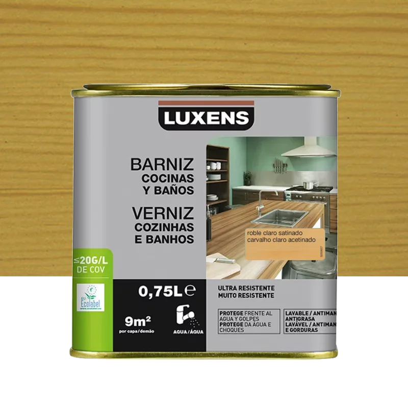 Barniz al agua para cocinas y baños satinado luxens 750ml roble claro