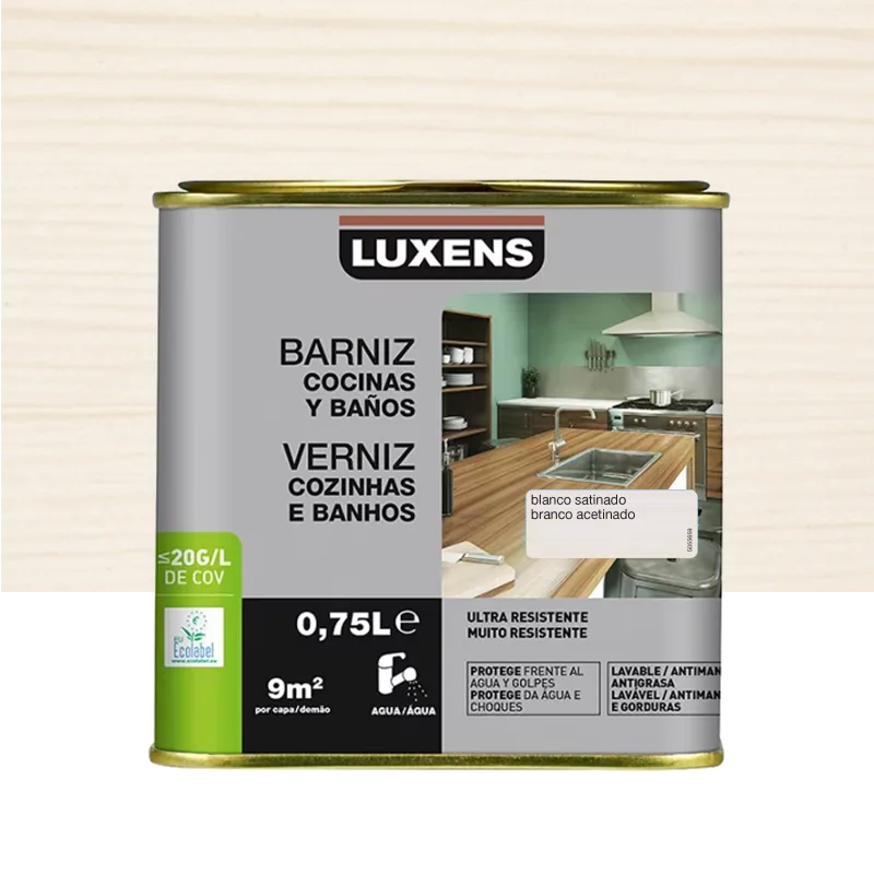 Barniz al agua para cocinas y baños satinado luxens 750ml blanco