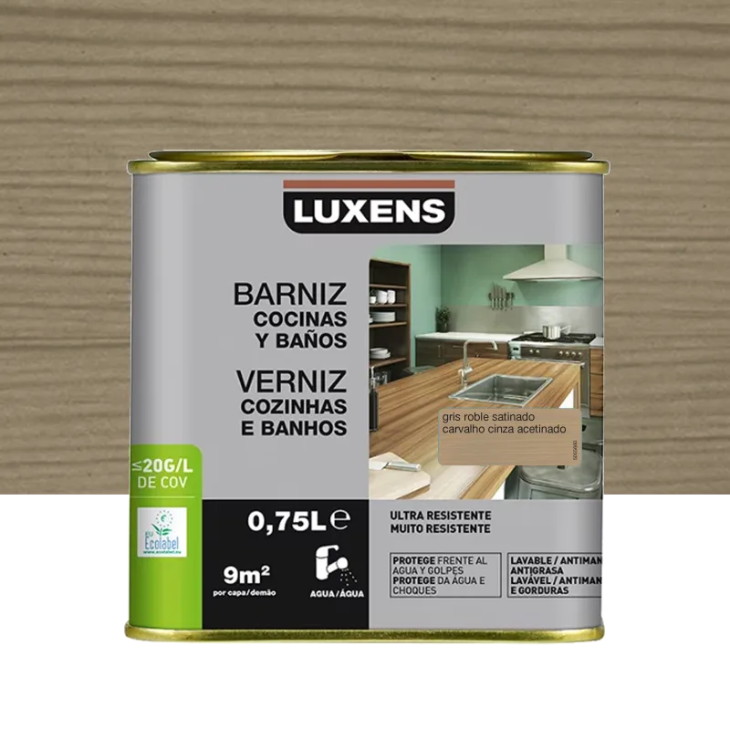 Barniz al agua para cocinas y baños satinado luxens 750m roble gris
