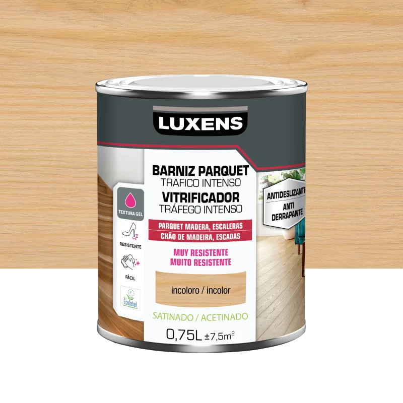 Barniz para parquet de interior tráfico intenso luxens acabado satinado 750 ml. base agua.