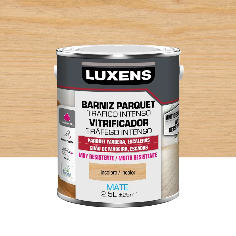 Barniz para parquet de interior tráfico intenso luxens acabado mate 2.5 l. base agua.