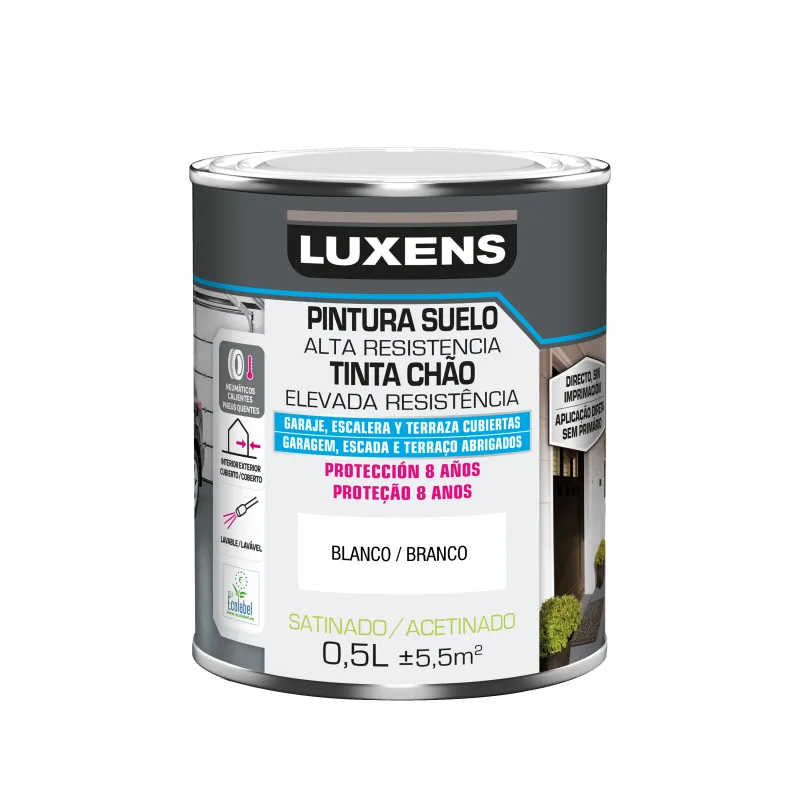 Pintura suelo color blanco para garajes, terrazas, suelos de hormigón, azulejos luxens satinado 500ml base agua