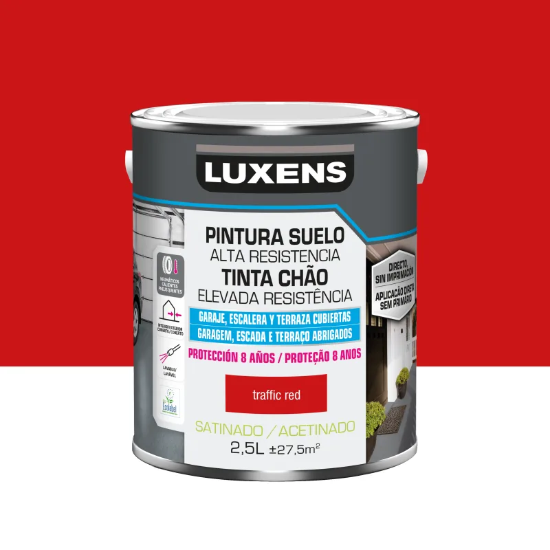 Pintura suelo color traffic red para garajes, terrazas, suelos de hormigón, azulejos luxens satinado 2.5l base agua