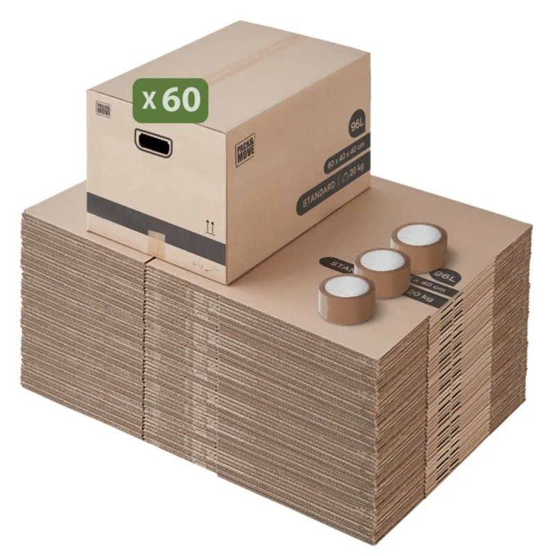 Pack and move - pack de 60 cajas de mudanza grandes l - 40 x 60 x 40 cm - asas reforzadas - 3 adhesivos gratis