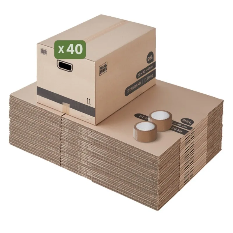 Pack and move - pack de 40 cajas de mudanza grandes l - 40 x 60 x 40 cm - asas reforzadas - 2 adhesivos gratis