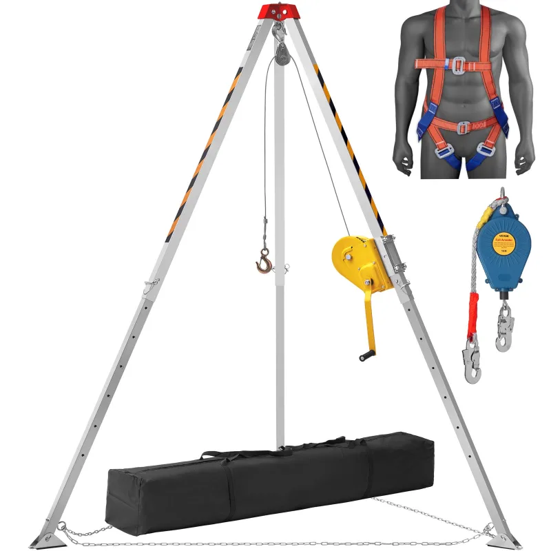 Kit de trípode para espacios confinados vevor 1179 kg, trípode de rescate 1,6–2,45 m, cable 30 m, protección anticaídas 10 m, arnés y bolsa