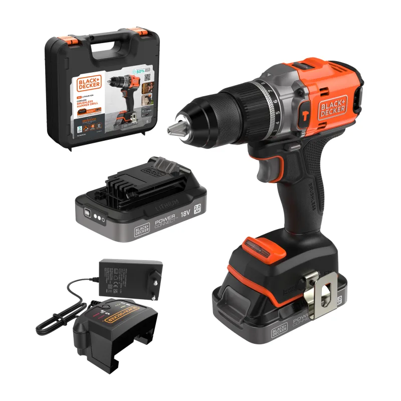 Taladro percutor a batería black + decker 18v brushless :2 baterías 2ah de litio de nuevo diseño - cargador rápido de 1ah, maletín y manual de instrucciones. - bld683d2xk-qw