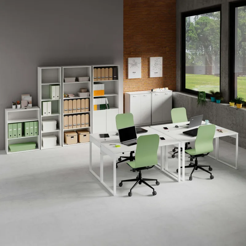 Pack muebles oficina 4 escritorios y estanterías despacho trabajo estilo moderno color blanco