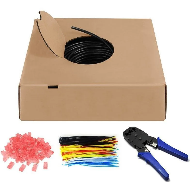 Kit de exterior compuesto por 100 metros de cable de red u/utp cat6, 100 bridas, 100 conectores y tenazas prensadoras