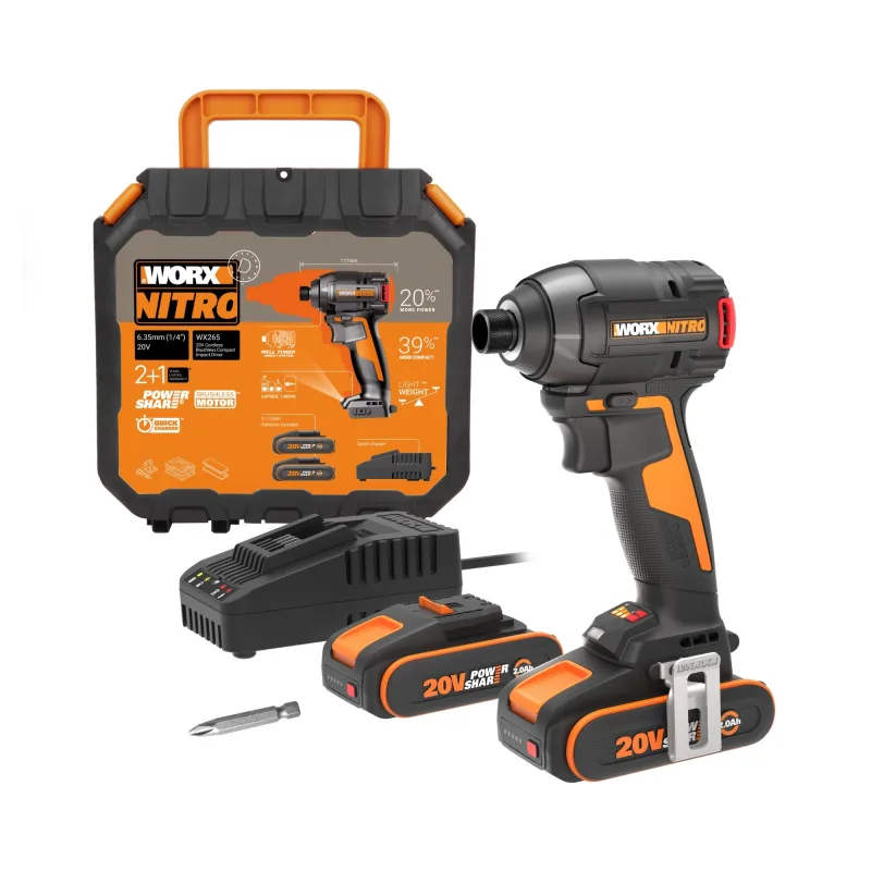 Atornillador de impacto a batería worx 20v brushless - 2 baterias - cargador rápido 1h, 1 doble punta de atornillar, clip de cinturón, maletín de transporte - wx265