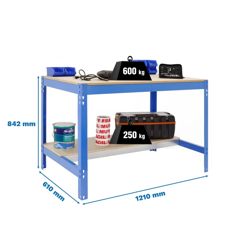 Banco de trabajo metalico de color azul/madera con capacidad de carga de 600 kg