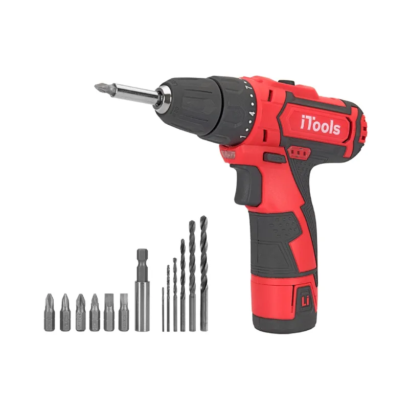 Taladro a batería itools 12v - 1 bateria - 1 adaptador para puntas - 2 puntas fenda - 2 puntas philips - 2 puntas pozidrive - 6 brocas - itbsfl12+cf8