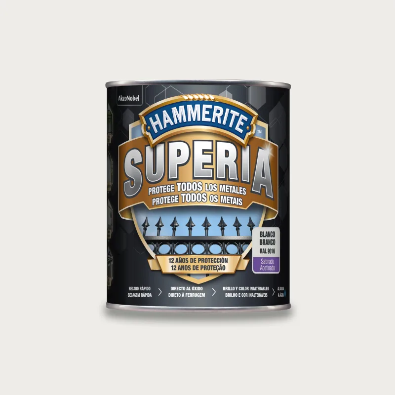 Pintura exterior color blanco para hierro, reja, valla hammerite satinado 750ml base agua antigoteo aplicación directa sobre el óxido