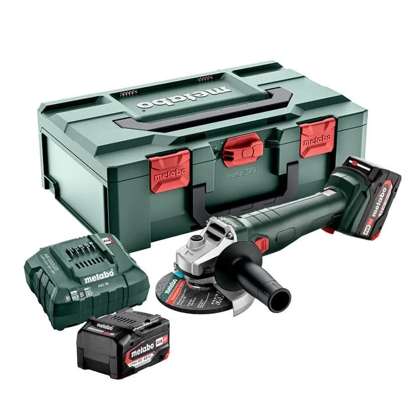 Amoladora angular de batería de 18 voltios w18 9-125 + 2 x li-power 4,0 ah, cargador asc 55 metabo