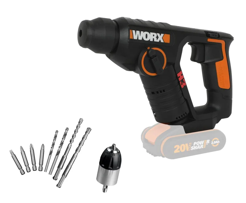 Worx martillo a batería sds+ h3 de 20v 1,5j sin batería ni cargador wx394.91