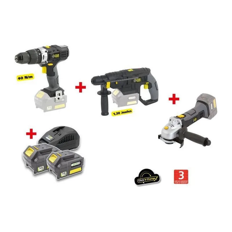 X-fit pack « gros oeuvre » 3 machines 18v + 2 batteries 18v 3.0ah : perceuse percu/visseuse + marteau perfo + meuleuse d'angle