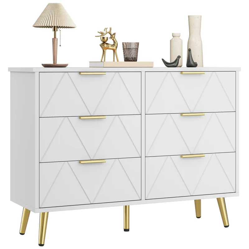 Cómoda de 6 cajones, gran cómoda de madera, armario de almacenamiento deslizante, mueble de oficina, color blanco